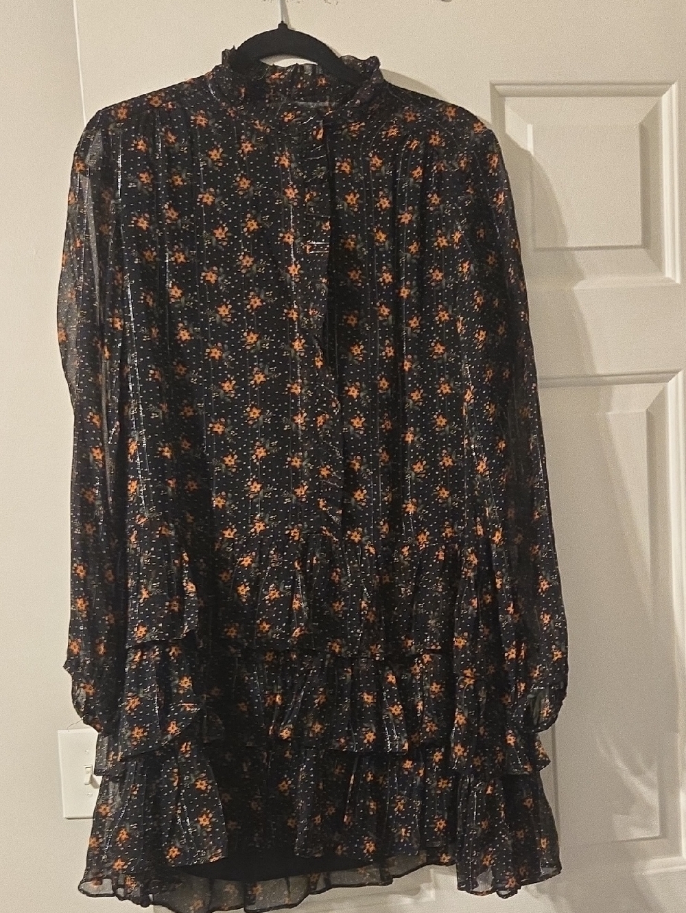 Zara Black Floral Ruffle Long-Sleeve Mini Dress